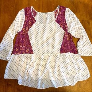 Free People Women's Purple and White Patterned Ruffled Floral Blouse